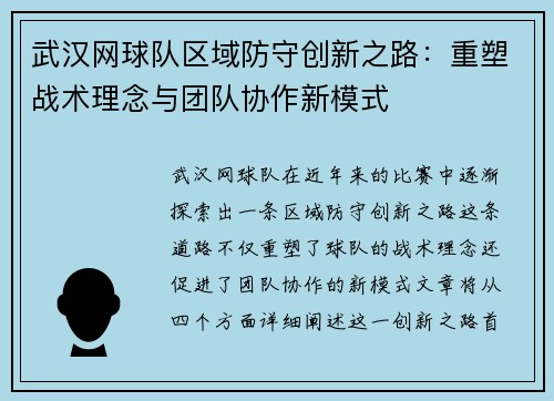 武汉网球队区域防守创新之路：重塑战术理念与团队协作新模式